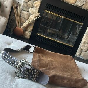 Leatherock USA Brown Western Suede Studded Slouchy Shoulder Purse